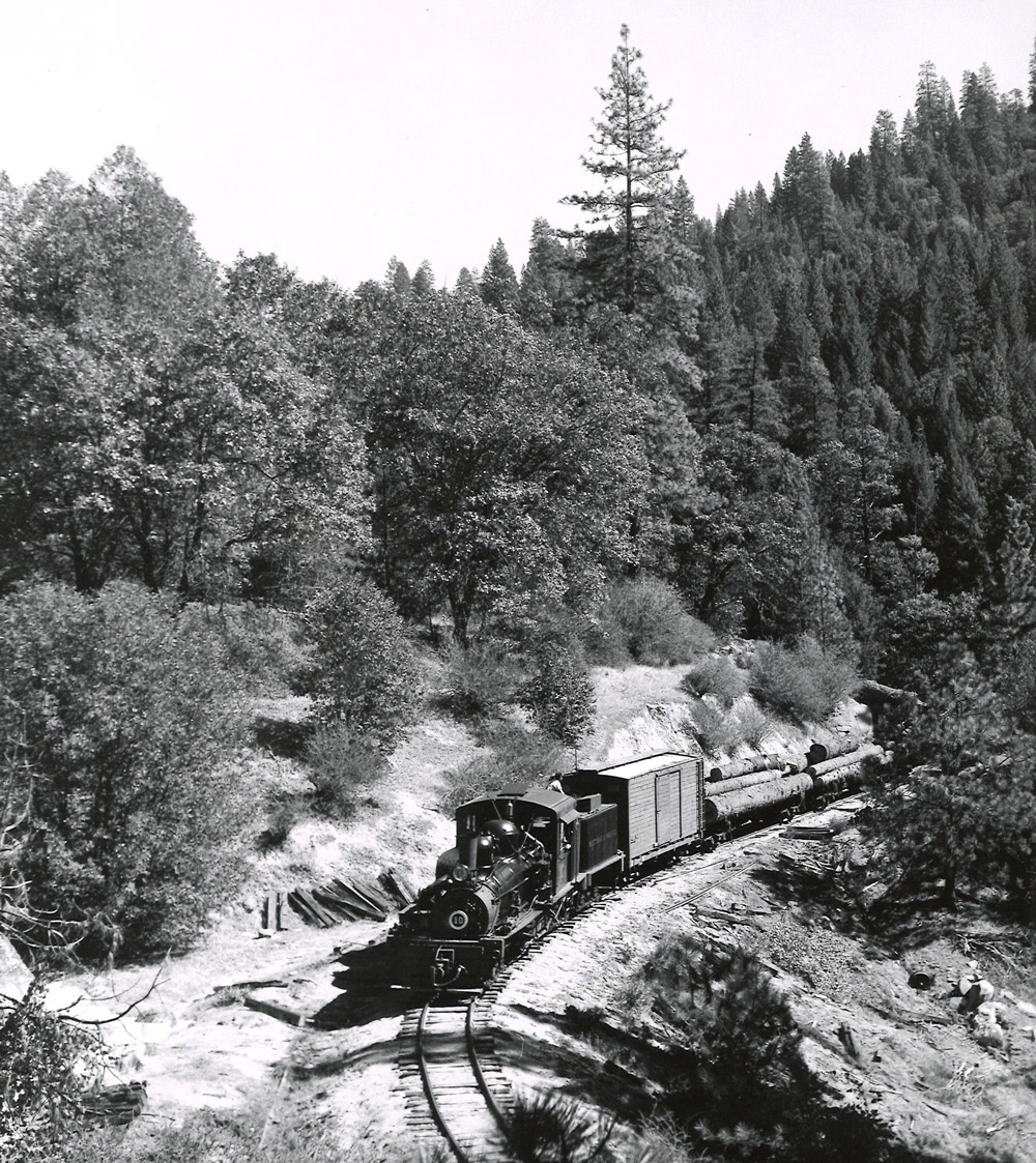 Black-and-white overhead view of Shay steam locomotive in woods with boxcar and loaded log cars