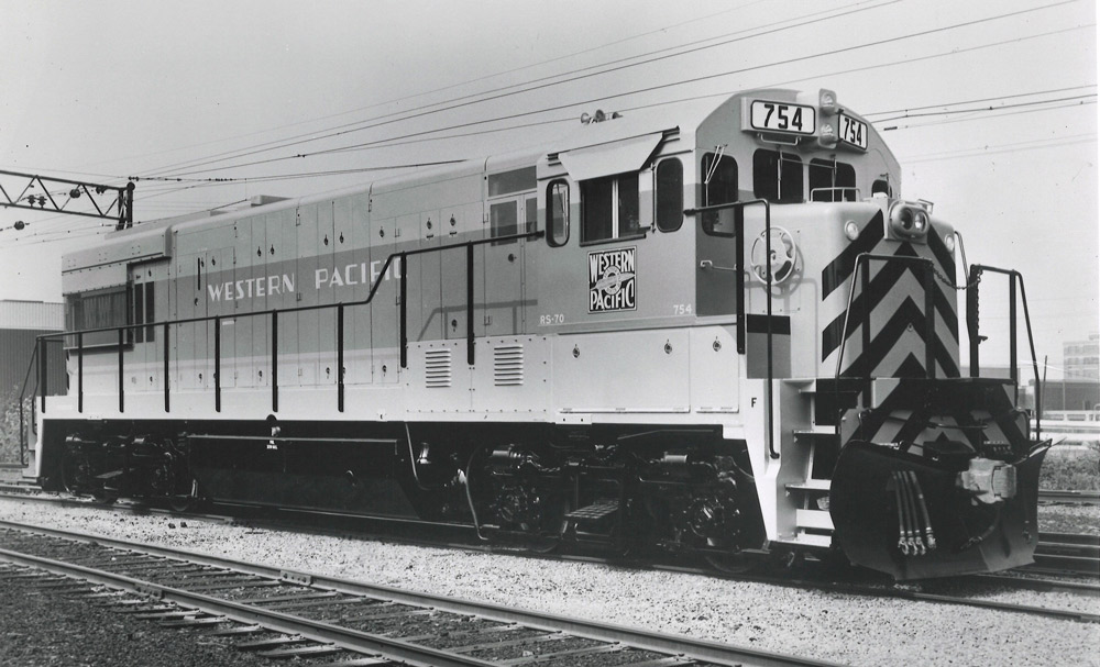 Black-and-white view of diesel road-switcher locomotive
