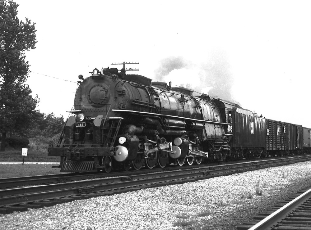 Black-and-white view of 4-6-6-4 steam locomotive