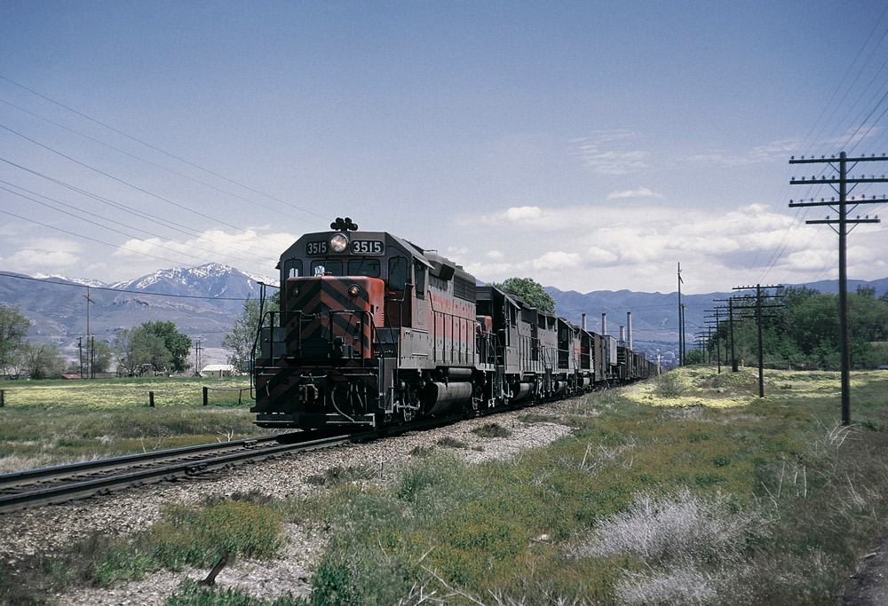 Color view of road-switcher diesel locomotives with freight train