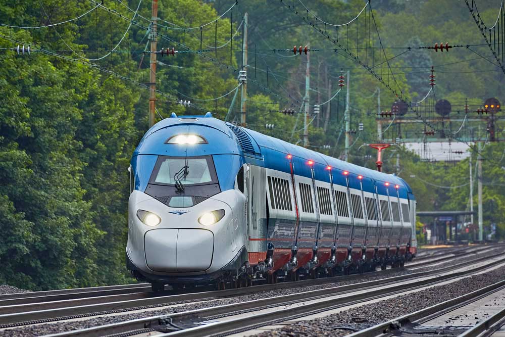 Blue and white electric passenger train set against wall of trees