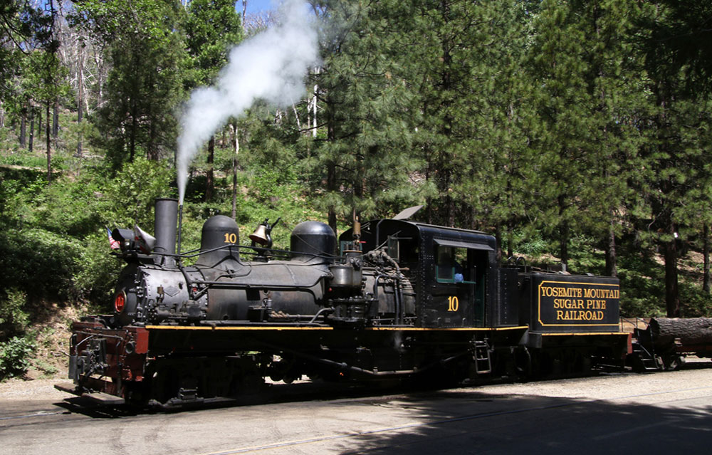 side view of small steam locomotive waiting on tracks