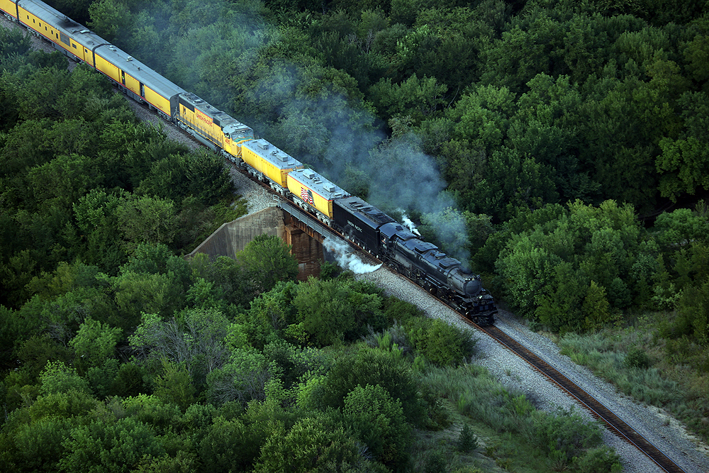 Big Boy steam locomotive hauls a train over an elevated right-of-way in a forested area.