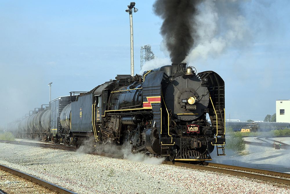 Steam locomotive hauling long freight train.