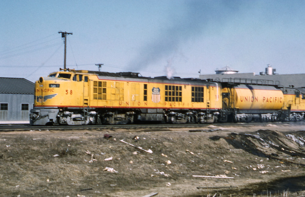 Broadside color photo of Union Pacific single-unit gas-turbine electric locomotive.