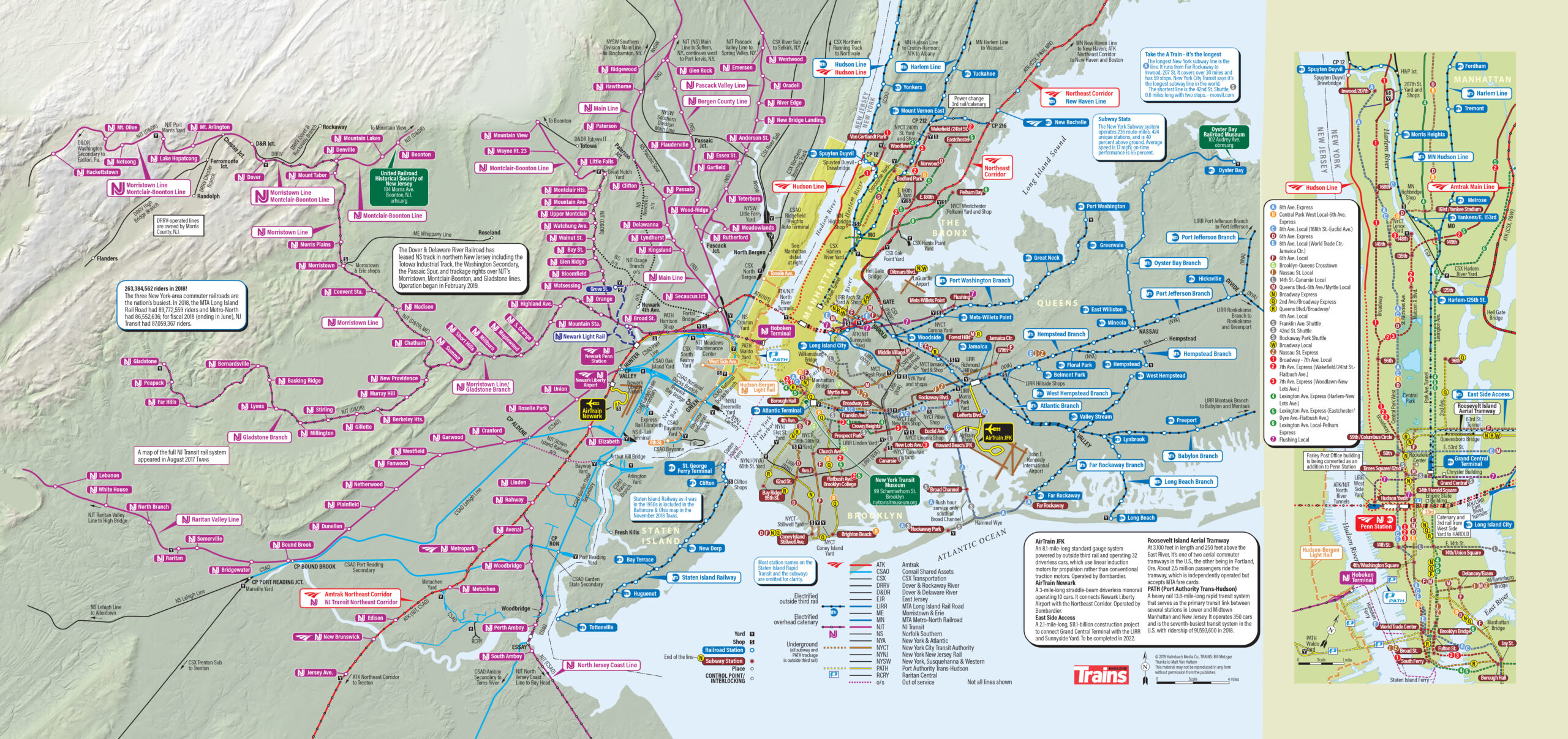 NYC train map: Complicated route map of railroads in an around New York City.