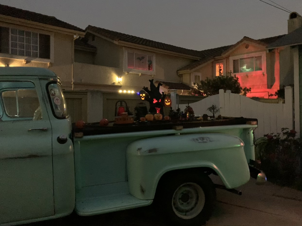 Nighttime scene of lit holiday display