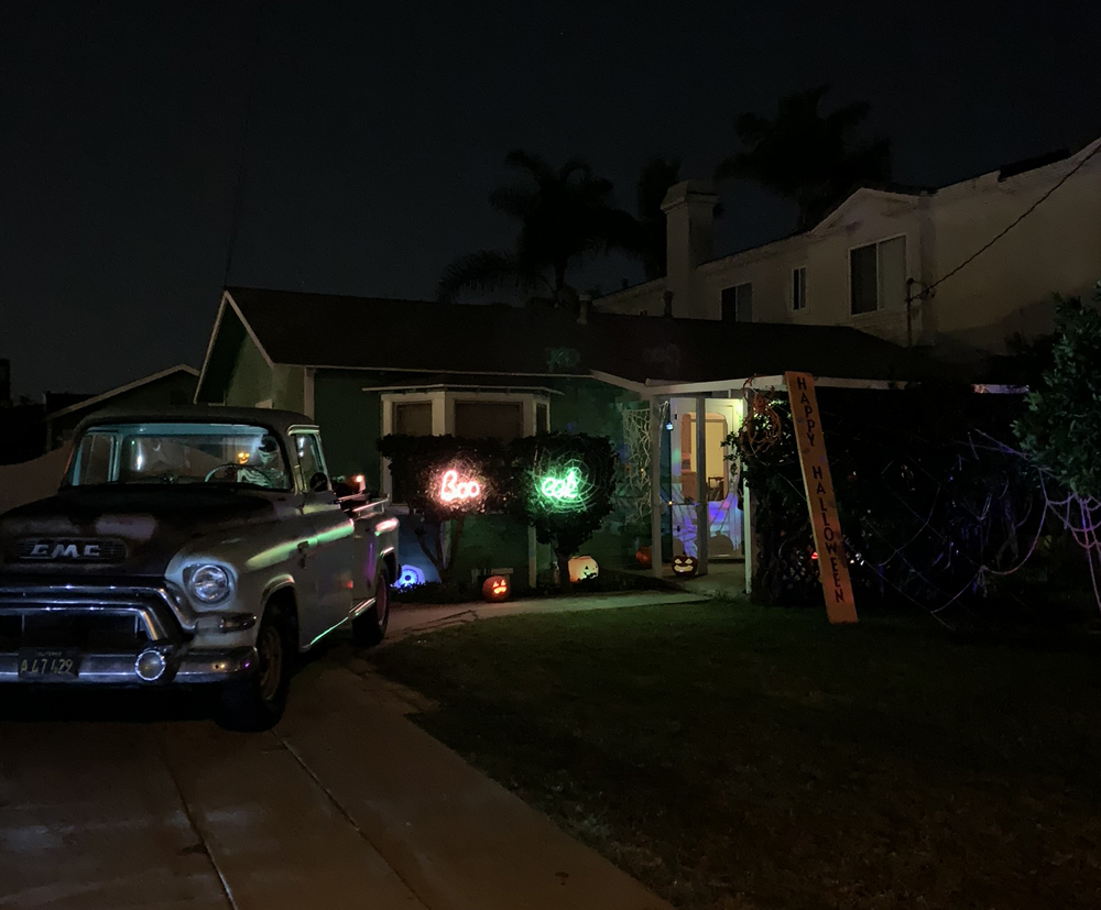 Nighttime scene of lit holiday display