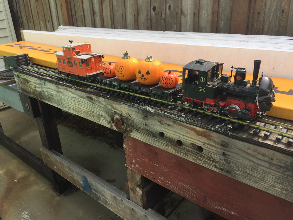 A large-scale Halloween model train