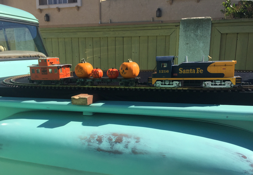 A large-scale Halloween model train