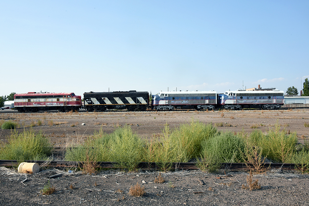 Two locomotive in middle-distance in an arid landscape.