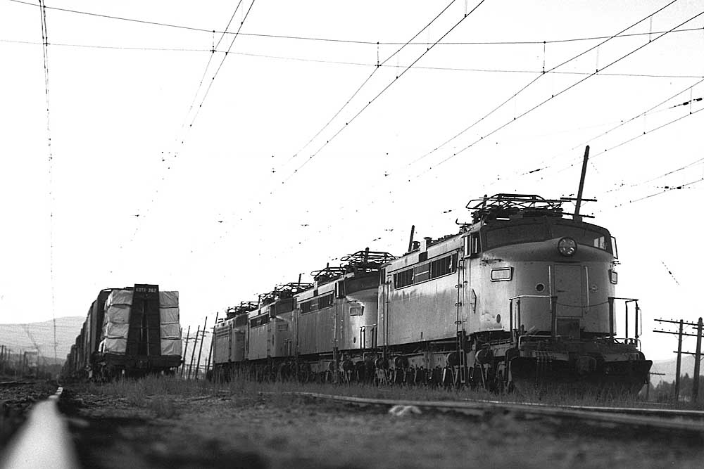 Streamlined electric locomotives lined up awaiting disposition 