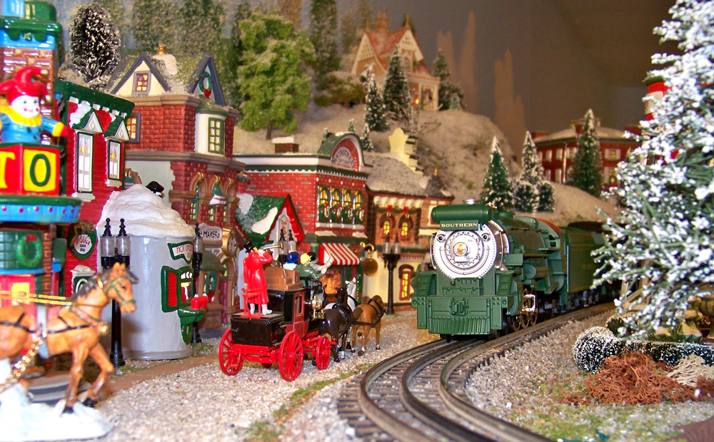 Toy train steam engine in holiday scene