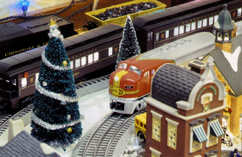 Christmas scene on toy train layout