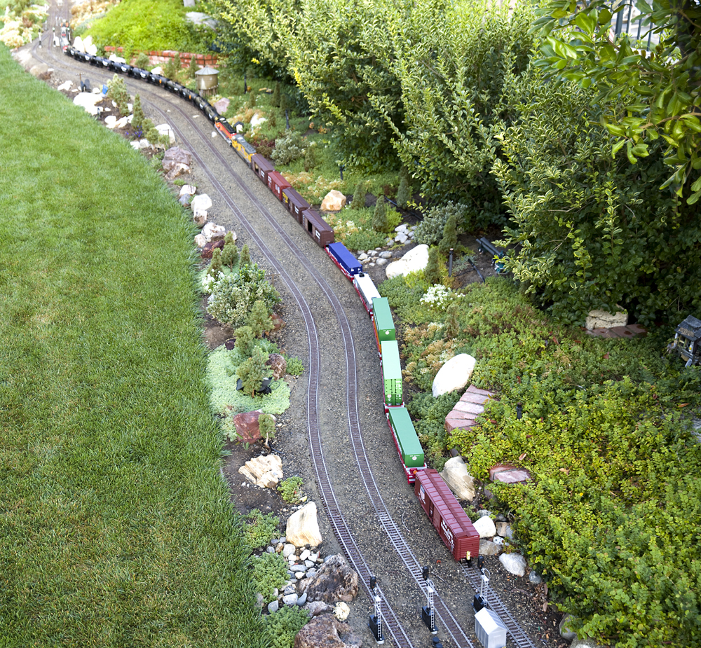 Long train on garden railroad