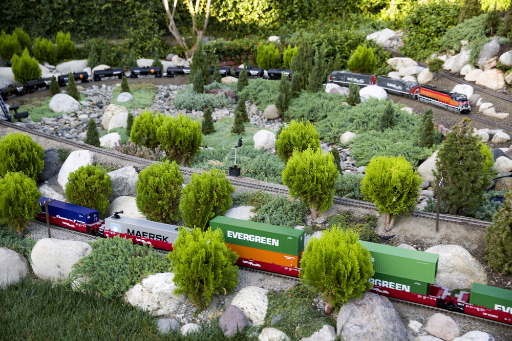 Long train among junipers on a garden railroad