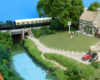 A British tank locomotive pulls a pair of coaches past people relaxing in the garden of a country pub alongside a river
