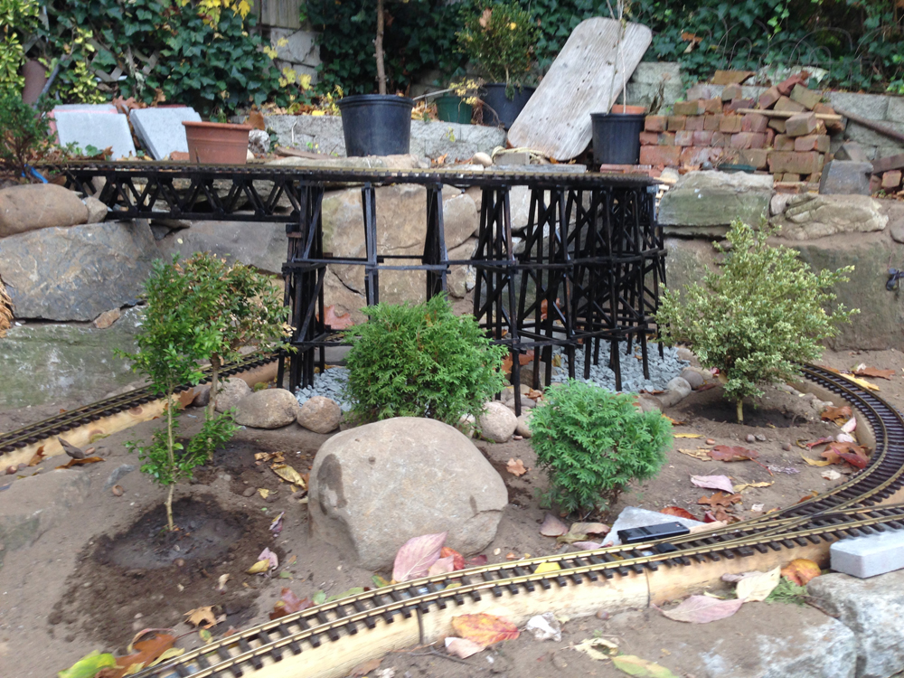 Track laid on wood roadbed in a garden railroad