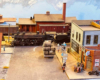 A steam locomotive crosses the road while a group of motorcyclists pulls up to a bar