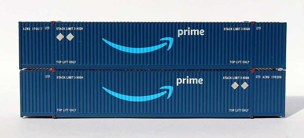Blue N scale Amazon Prime 53-foot intermodal container two-pack.