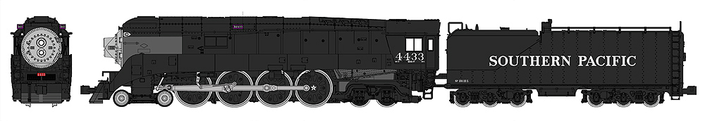 Drawing of black locomotive with silver nose and black tender.