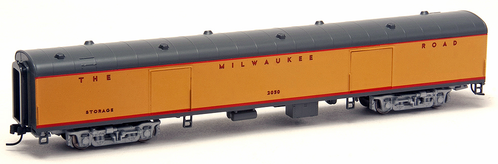 Yellow and gray N scale Milwaukee Road baggage car no. 2050.