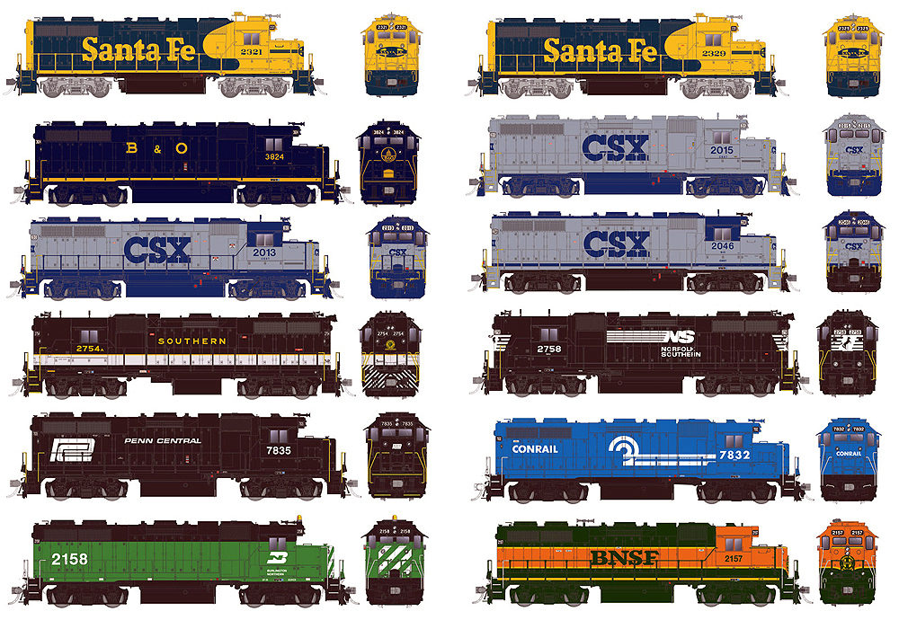 Several multi-colored locomotive in an illustration.