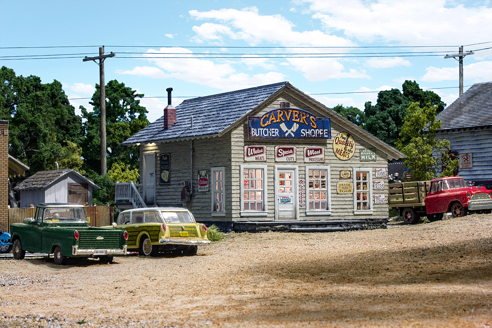 Woodland Carver’s Butcher Shoppe, available in N, HO, and O scales.