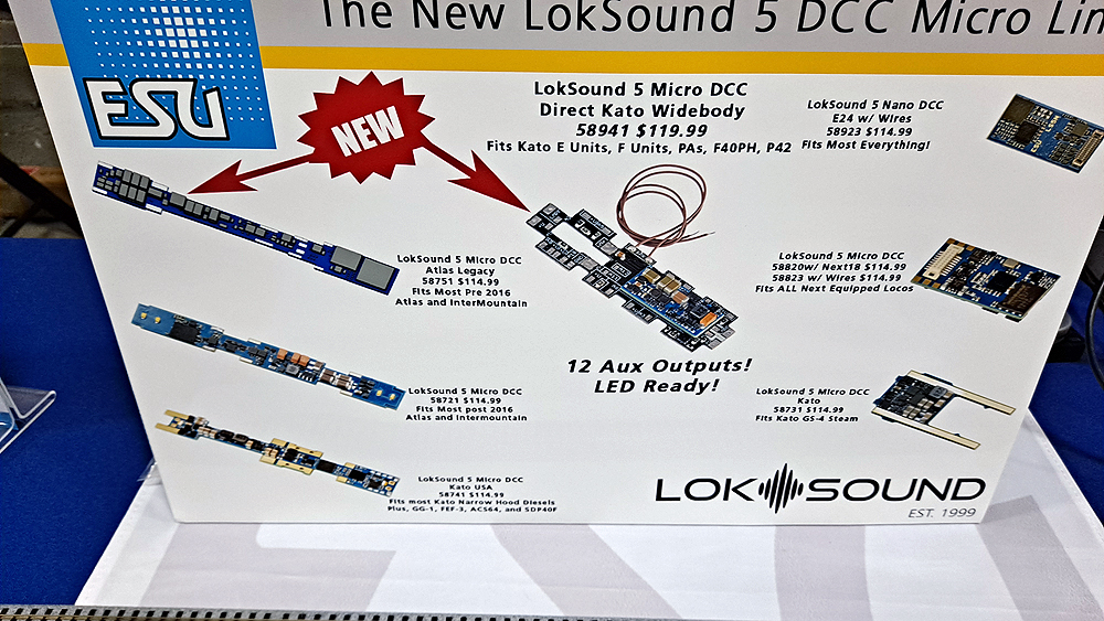 Sales board with ESU decoder options for N scale locomotives showing which decoder fit which models.