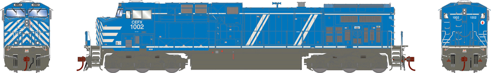 Illustration of HO scale GE AC4400CW painted blue with white stripes and graphics and black trucks and fuel tank.