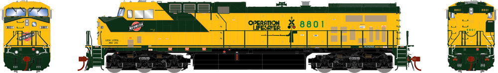 Illustration of HO scale GE AC4400CW painted green and yellow with black trucks and fuel tank.