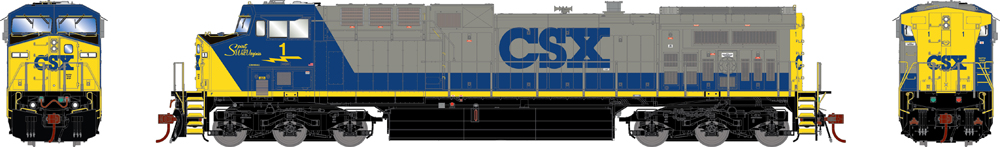 Illustration of HO scale GE AC4400CW painted yellow, blue, and gray with black trucks and fuel tank.