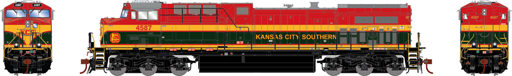 Illustration of HO scale GE AC4400CW painted red, yellow, and black with red and yellow graphics.