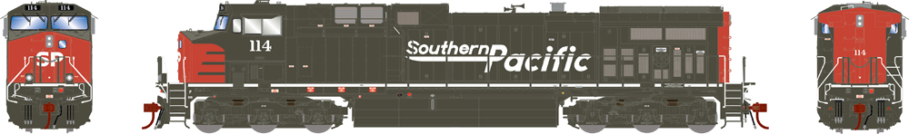 Illustration of HO scale GE AC4400CW painted gray and red with white graphics.
