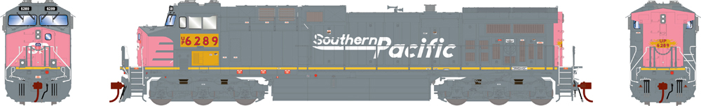 Illustration of HO scale GE AC4400CW painted faded gray and red with white graphics and yellow and red patches on cab.