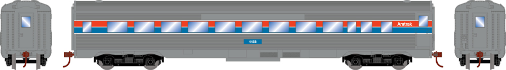 Illustration with side and end views of streamlined coach painted silver, red, white, and blue.