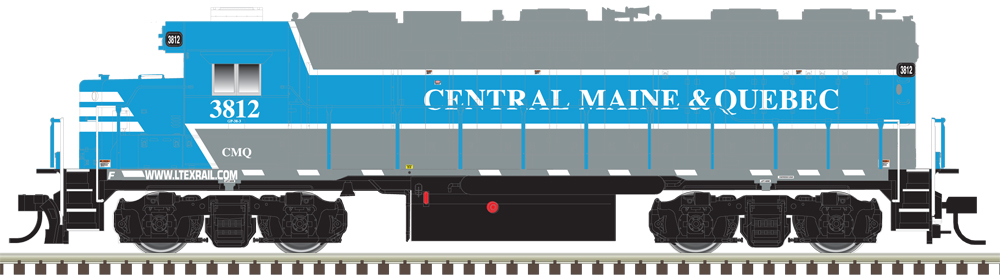 : Illustration of HO scale EMD GP38 painted gray and blue with white stripes and lettering.