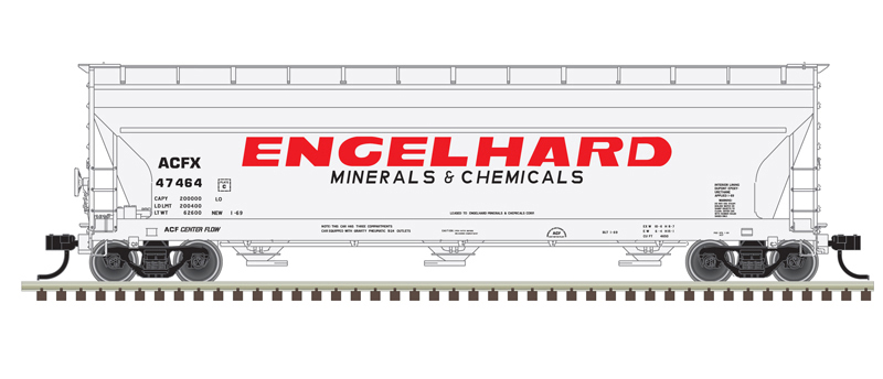 Illustration of HO scale American Car & Foundry 4650 three-bay Center Flow covered hopper painted gray with black and red graphics.