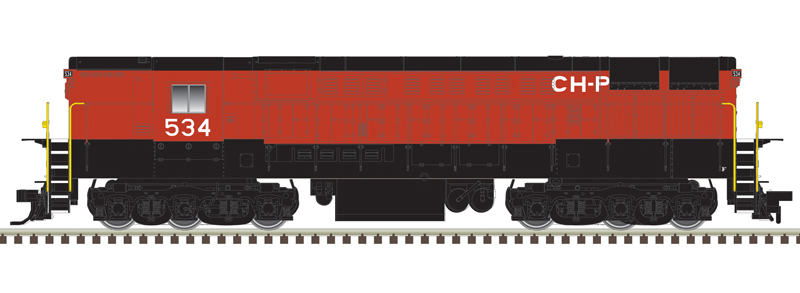 Illustration of N scale Fairbanks-Morse H24-66 diesel locomotive painted red and black with white letters and numbers.