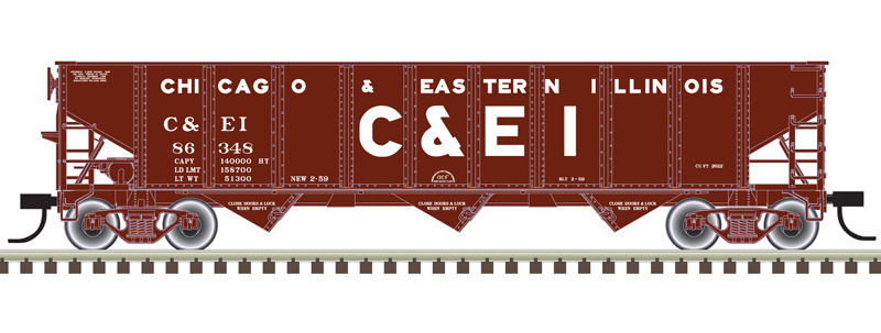 Illustration of HO scale Association of American Railroads 70-ton three-bay hopper with white lettering.
