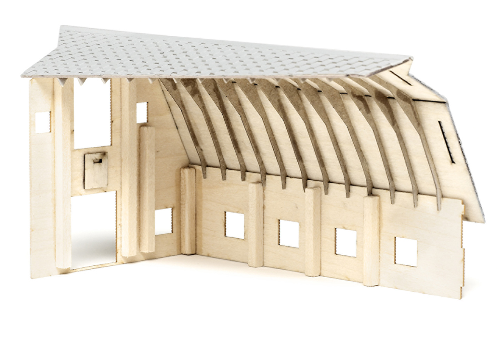 Interior view of N scale barn showing additional stripwood bracing.