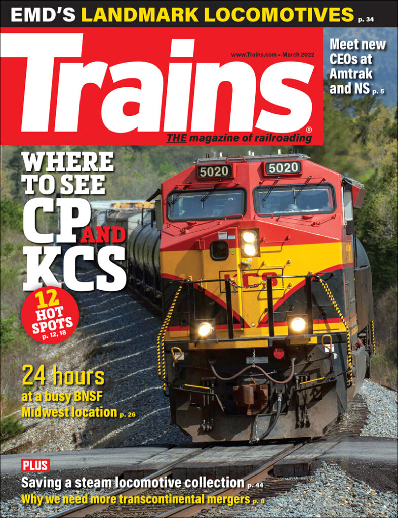 Trains Magazine March 2022 Cover with KCS locomotive.