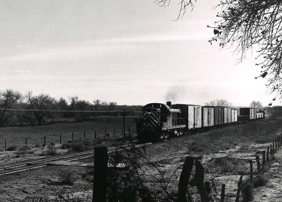 Back-lit black and white stripped locomotive leads freight train through arid landscape.