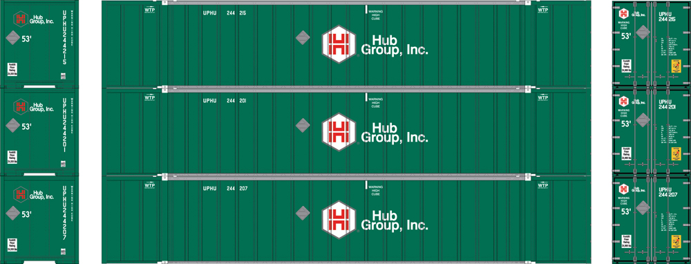 Illustration showing side and end views of three Stoughton 53-foot intermodal containers painted green with red and white graphics.