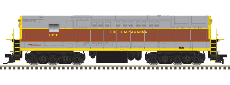 Illustration of brakeman’s side of HO scale Fairbanks-Morse Trainmaster painted gray and maroon with yellow graphics and black trucks and fuel tank.