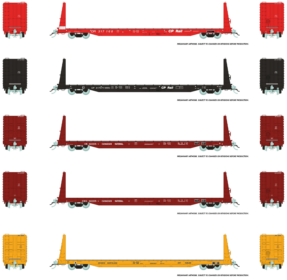 Side and end view illustrations showing Canadian railroad paint schemes on HO bulkhead flatcar.