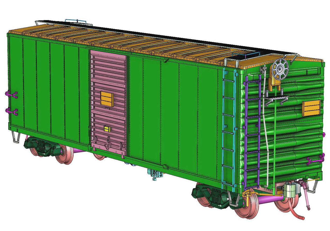 Illustration showing HO scale Great Northern 40-foot 12-panel boxcar with parts picked in multiple colors.