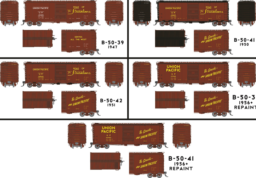 Color illustrations showing full and partial views of HO scale UP Alternating Center Rivet 40-foot boxcars painted brown with yellow graphics.