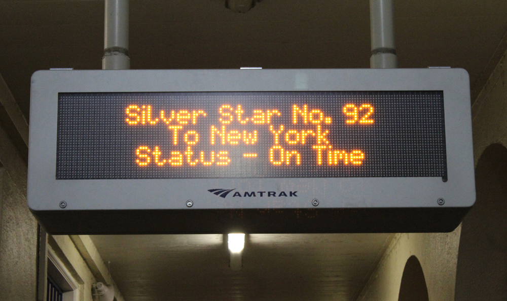 Message board showing train as on time