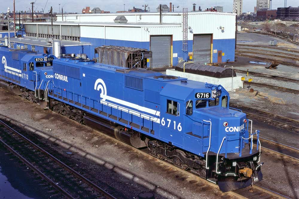 Clean blue Conrail locomotives seen from above